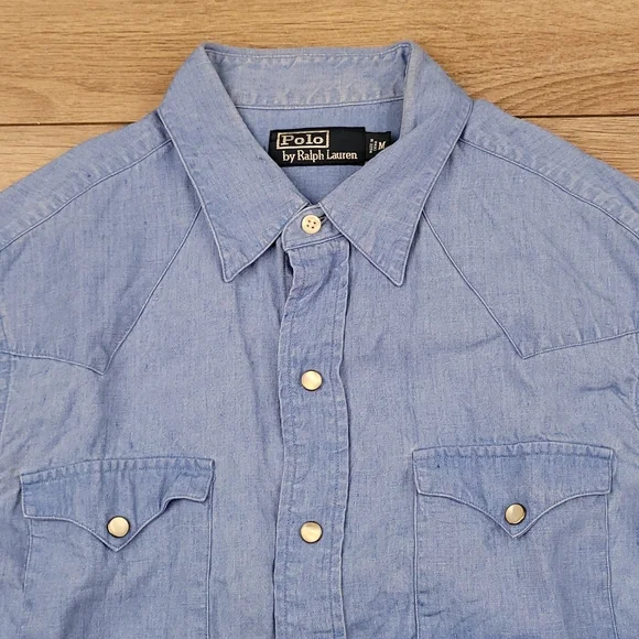 POLO RALPH LAUREN Light Blue Weave Cotton Medium Snap Western Long Sleeve Shirt - Picture 2 of 7
